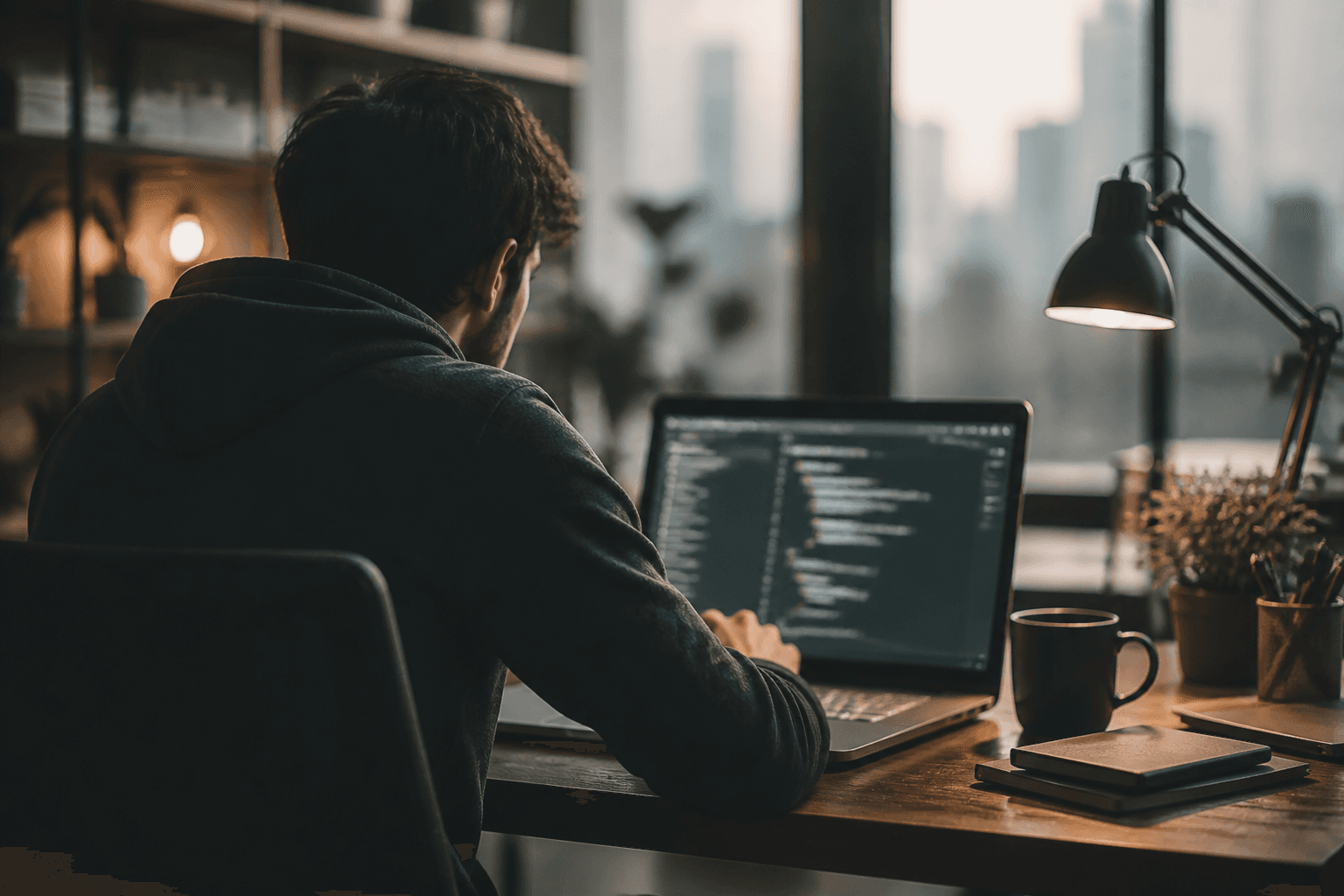 Developer working at a laptop in a bright, friendly workspace