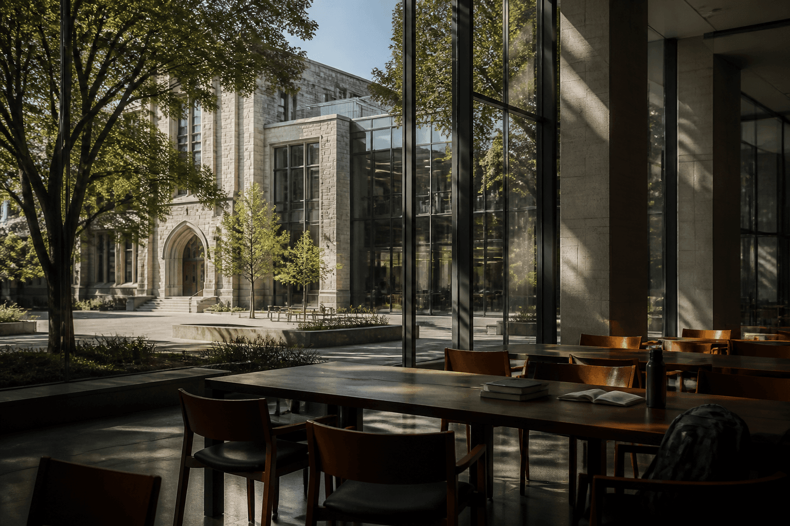 University campus courtyard with students walking between classes